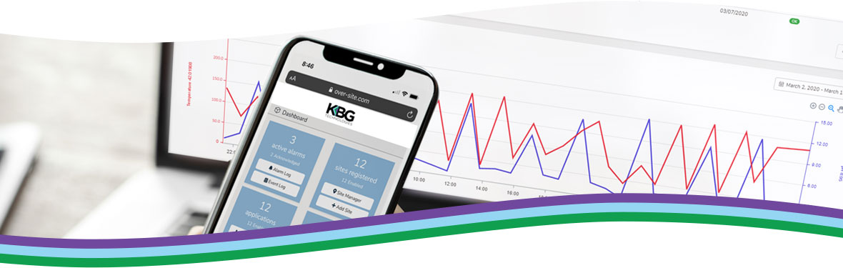 Hand holding mobile phone with laptop screen showing data charts in background